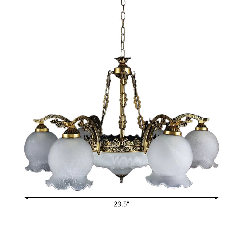 9 Lights Half-Bloom Ceiling Chandelier Rustic Brass White Glass Hanging Pendant Light