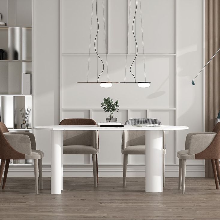 Modern Stone Top Oval Dinette Table Wood Tripod Base Dining Table in White
