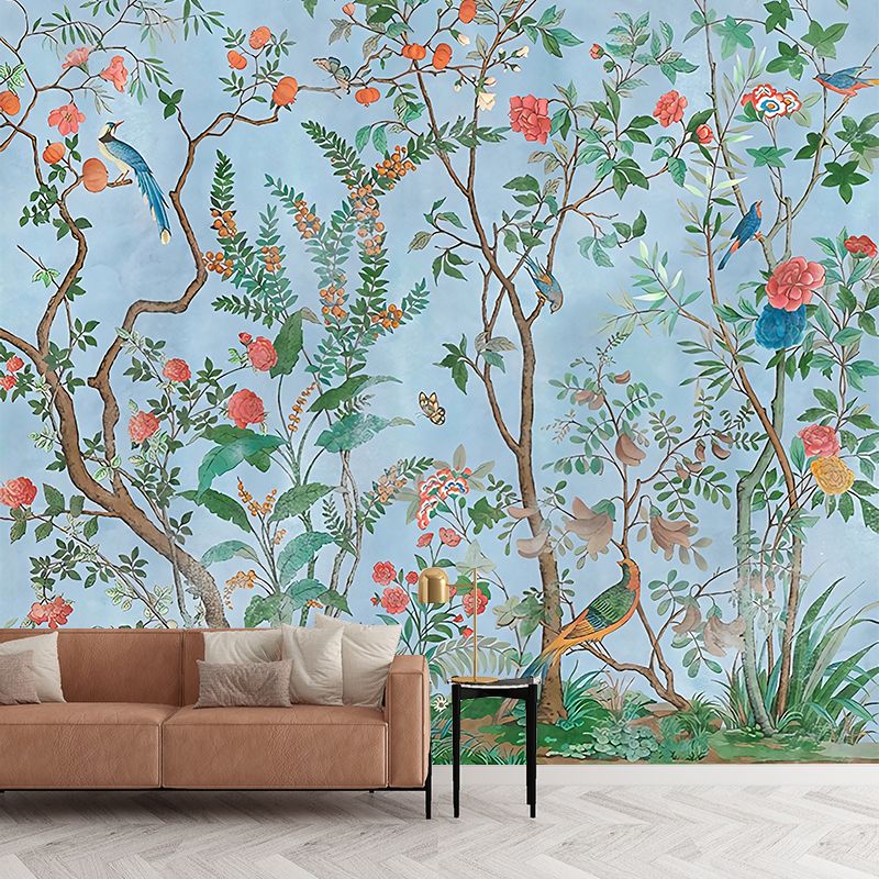 Personalized Illustration Stylish Murals with Bird and Flower Bushes Pattern in Soft Color