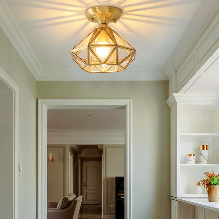 Brass Geometric Ceiling Light in Colonial Style Glass 1-Light Flush Mount