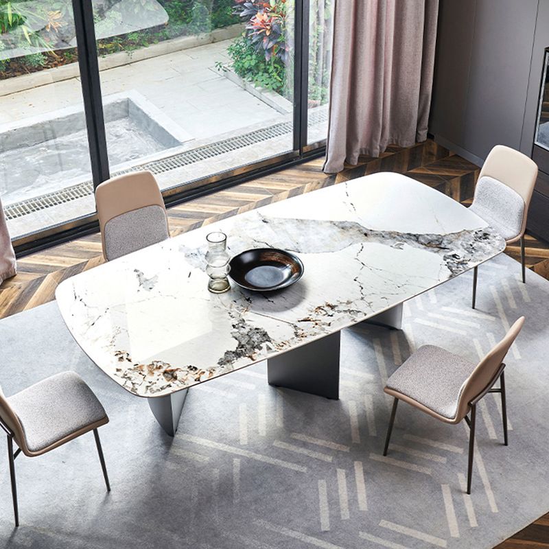 Rectangle Sintered Stone Dining Table Modern Table in White with Metal Double Pedestal