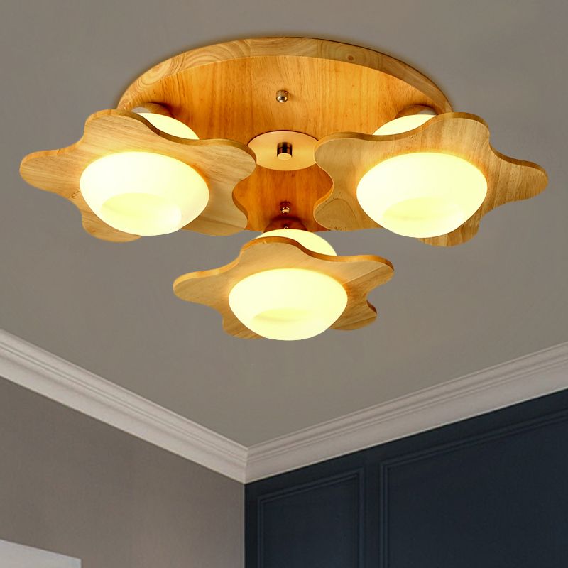 Wood Floral Semi Mount Modern 3/5 Lights Beige Flushmount Lighting with Sphere Milk Glass Shade