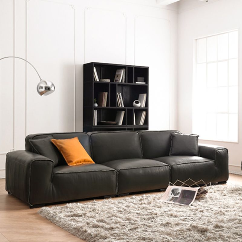 Contemporary Black Genuine Leather Square Arm Sofa with Pillows