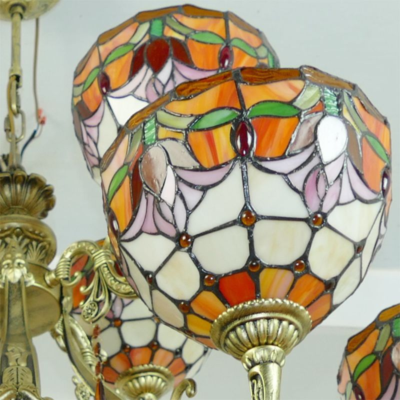 Tiffany Rustic Orange Chandelier Flower Stained Glass Pendant Lamp with Agate for Living Room