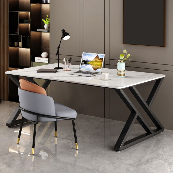 White and Grey Computer Desk Rectangular Writing Desk Stone and Metal