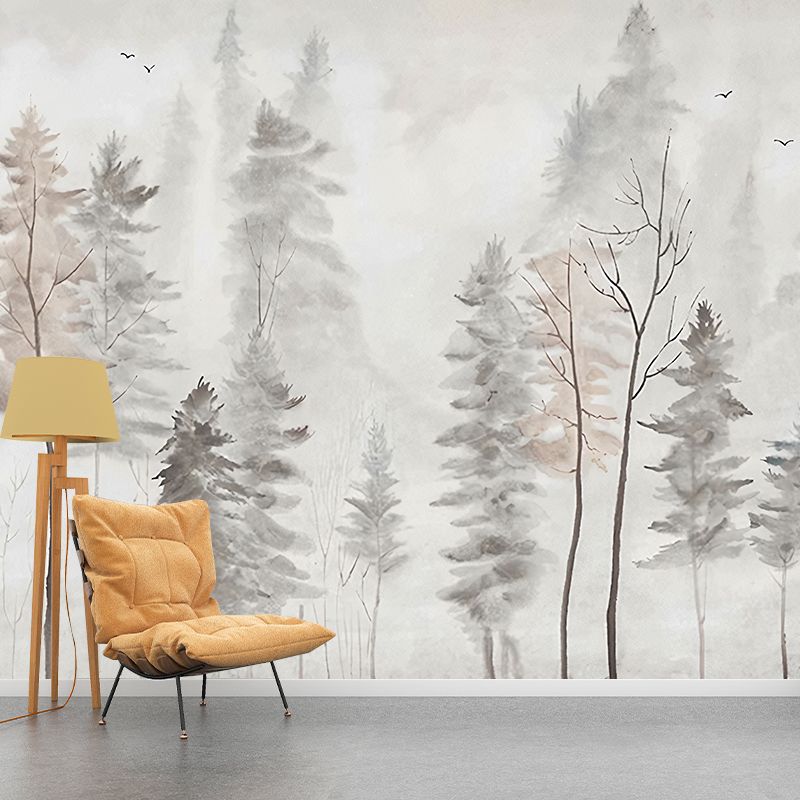 Nordic Trees Wall Mural for Guest Room Decoration, Custom-Printed Wall Covering in Grey and Pink