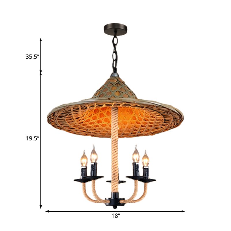Candle Chandelier Lighting with Hat Design Lodge Style Rattan 5 Lights Beige Hanging Lamp for Dining Room