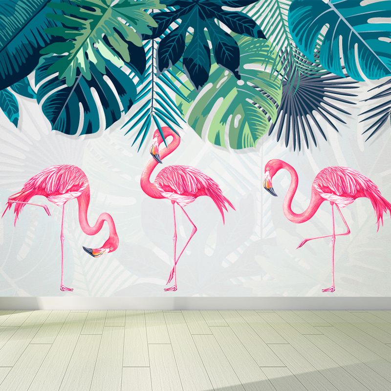 Flamingos and Leaves Wall Mural Modern Decorative Living Room Wall Covering, Custom