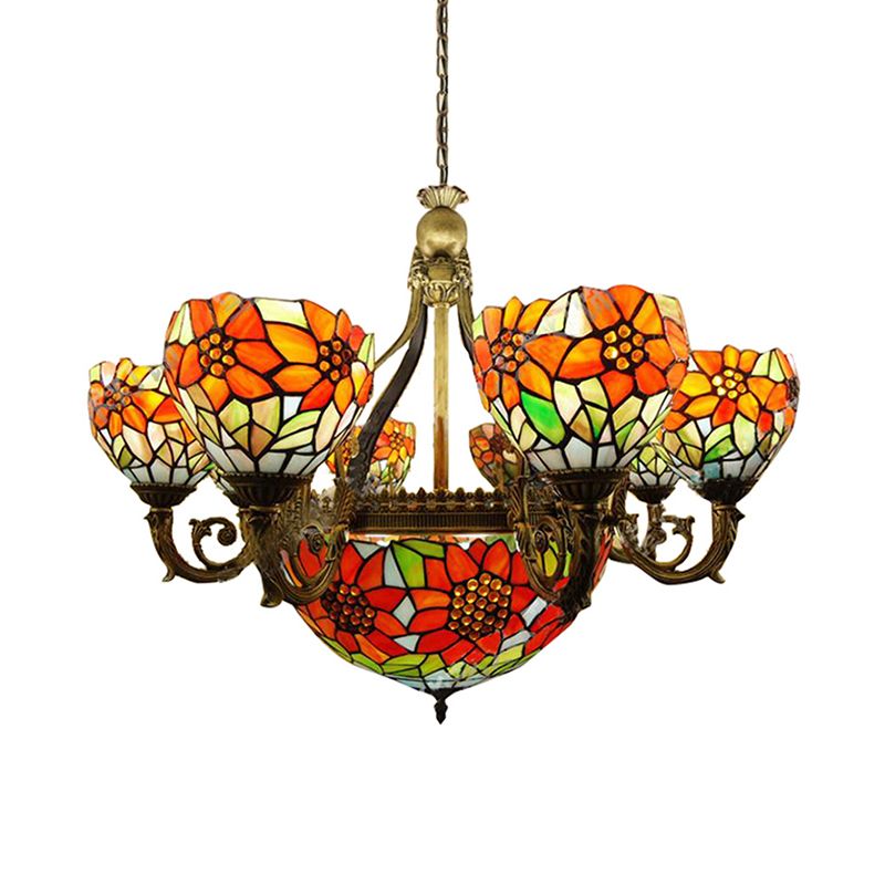Stained Glass Sunflower Chandelier Multi-Head Rustic Tiffany Hanging Light in Orange for Dining Room