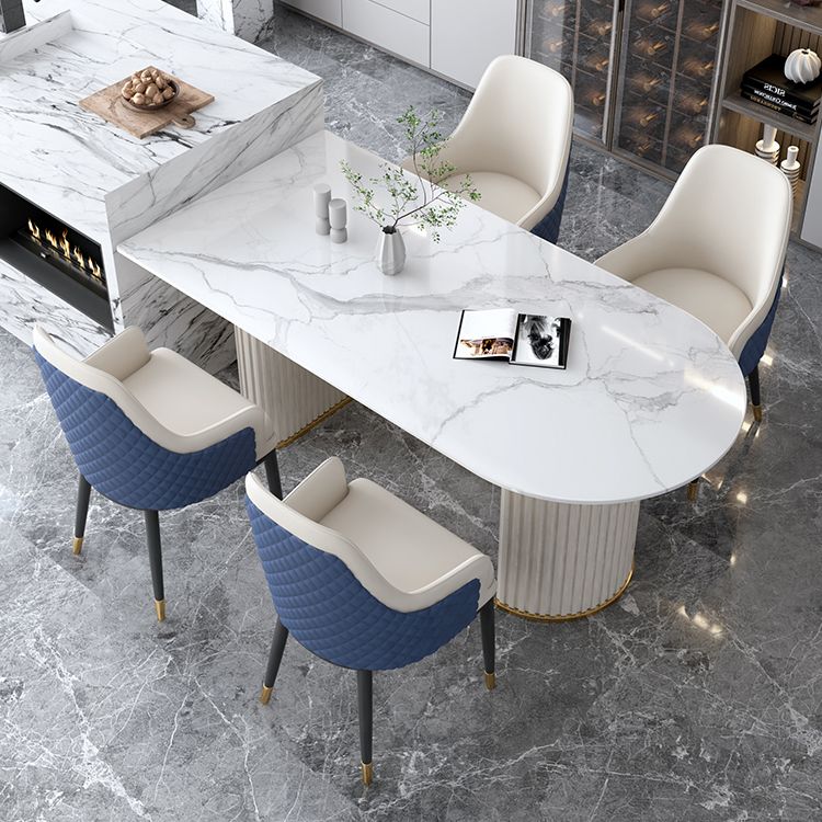 Irregular Island Sintered Stone Dining Table Modern Table in White with Metal Double Pedestal