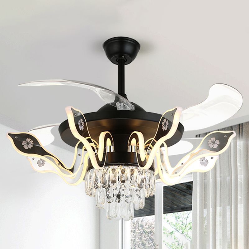 42" Wide Curved Arm LED Semi Flush Chandelier Modern Luxe Metal Living Room Ceiling Fan Lamp with 3-Blade and Remote