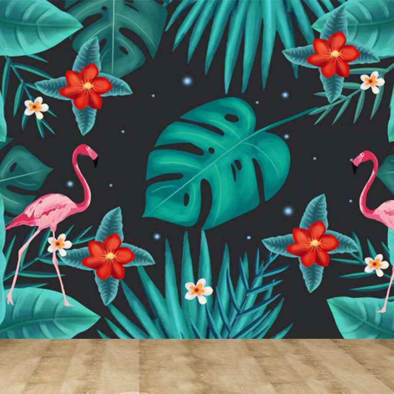 Tropica Flamingo Twins and Leaves Mural Non-Woven Washable Green Wall Art for Kitchen