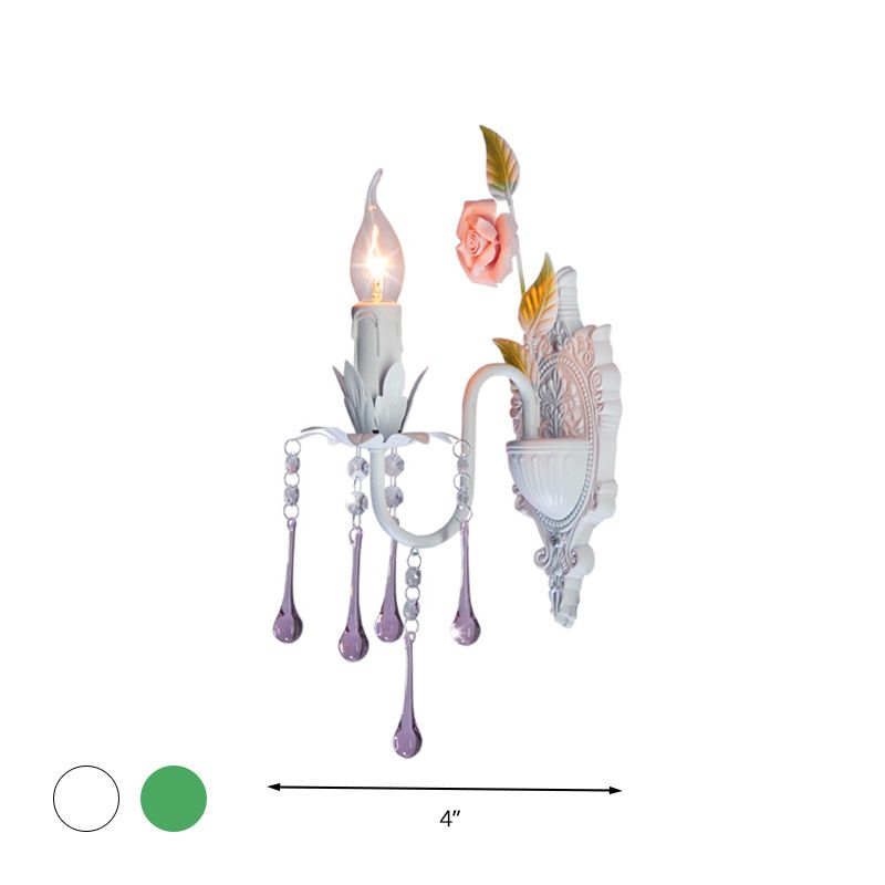 1 Bulb Wall Sconce Traditional Candlestick Faceted Crystal Wall Light Fixture in White/Green for Living Room