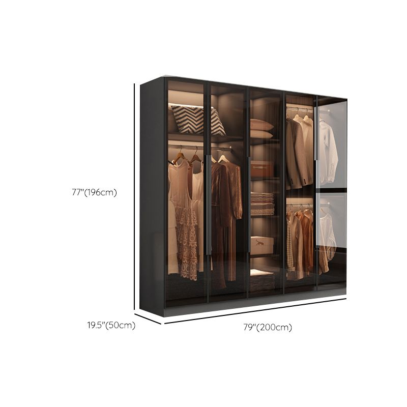 Freestanding Grey Wood Frame Wardrobe Modern Multifunctional Wardrobe with Glass Doors
