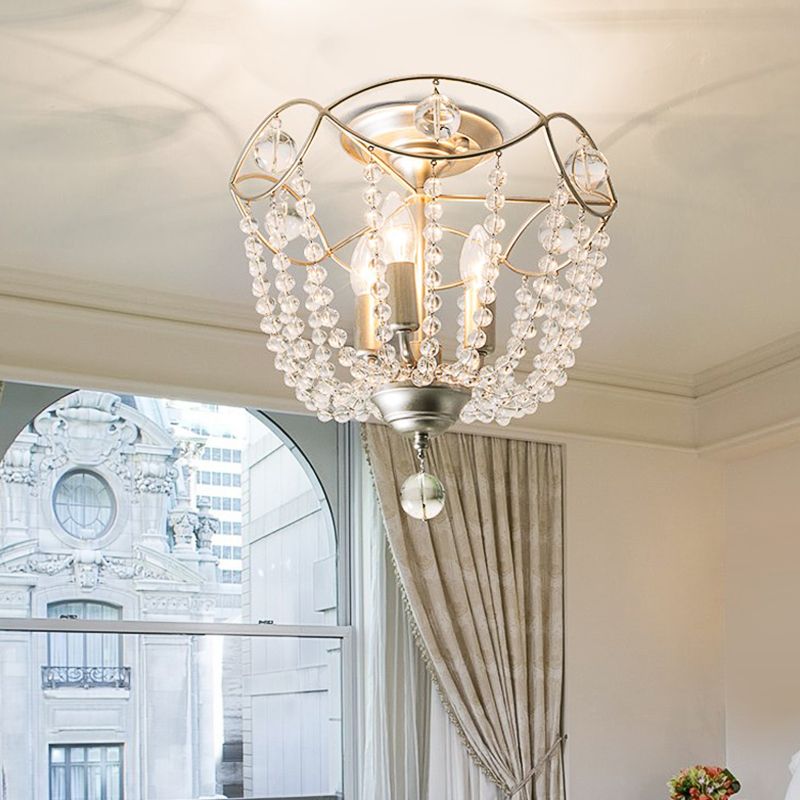 Silver 3 Lights Hanging Light Fixture Traditional Crystal Strand Dome Chandelier Light