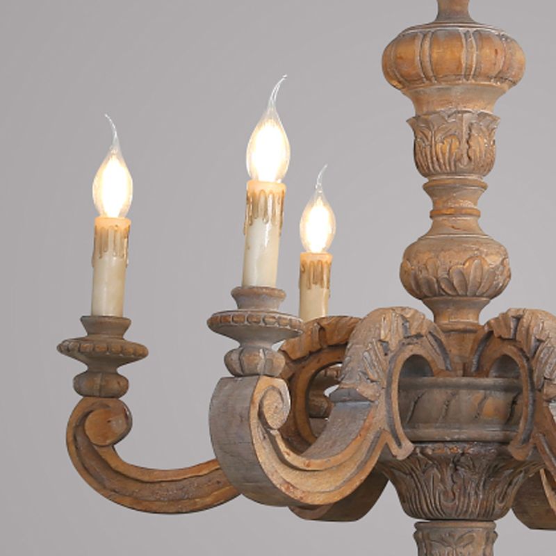 Wood Chandelier Lighting Candle Rustic Hanging Pendant for Living Room
