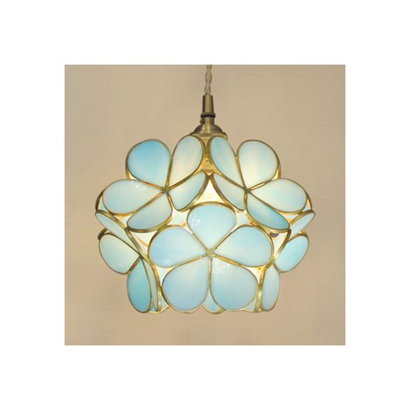 1 Light Flower Hanging Ceiling Light Tiffany Style Blue/Clear/Pink Stainless Glass Suspension Pendant Light