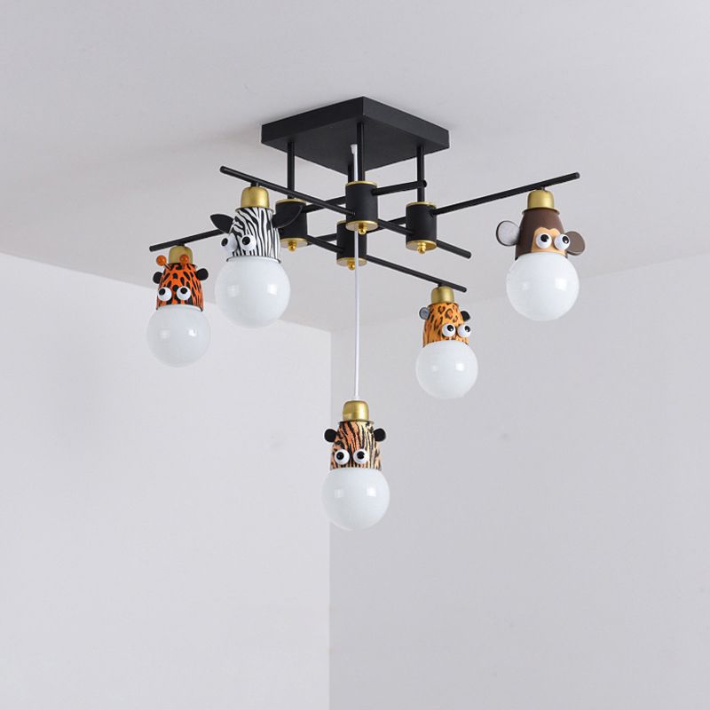 Animal Head Metal Semi Flush Kids Style Black Flush Ceiling Light Fixture for Bedroom