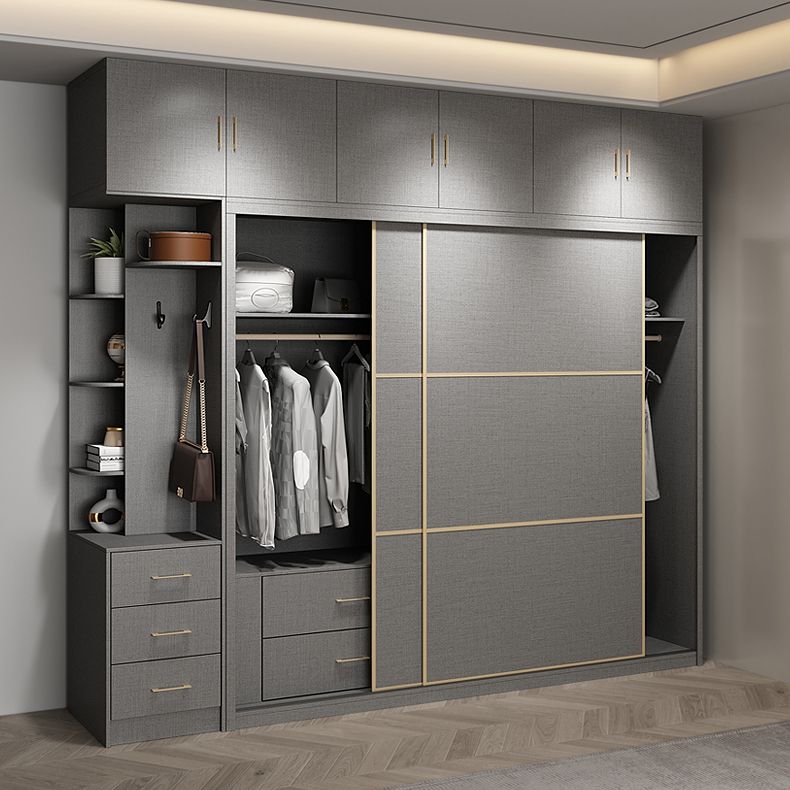 Contemporary Style Gray Colour Wardrobe Wooden Cloth Rod Included Wardrobe Closet