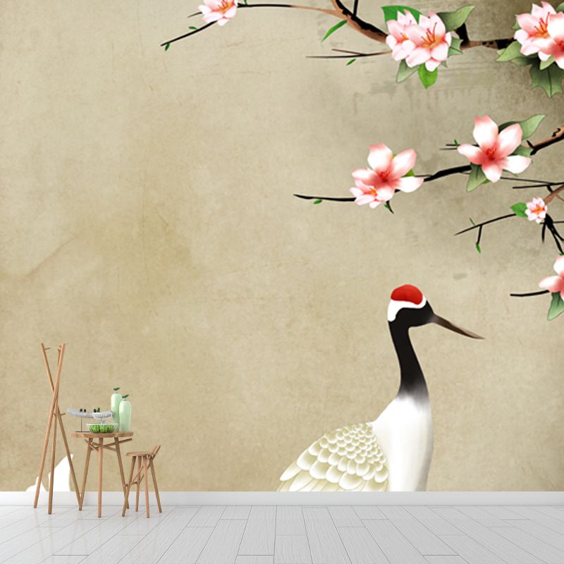 Light Brown Chinese Wallpaper Mural Whole Flower and Red-Crown Crane Wall Art for Home