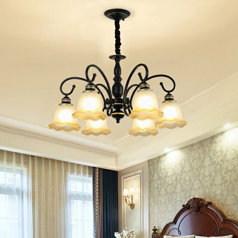 Rustic Bell Shade Suspension Light White Glass Chandelier Light with Ruffle Trim for Dining Room