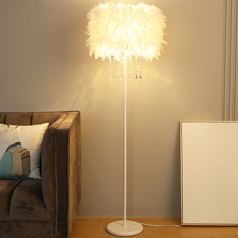 Drum Shade Standing Light Minimalistic Feather 1��Bulb Living Room Floor Lamp in White