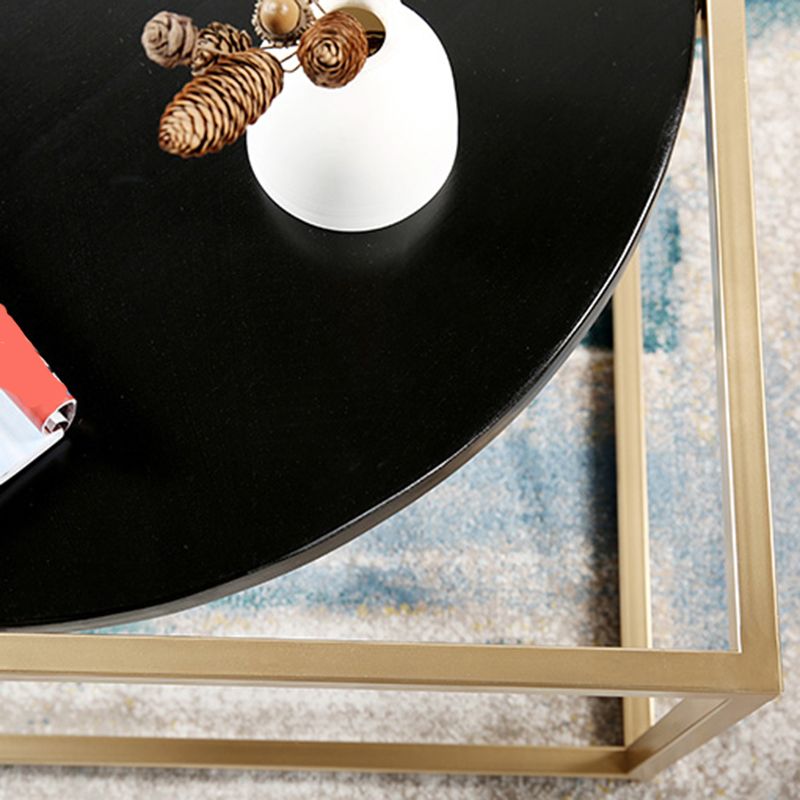 Metal Frame Base Coffee Table Round Solid Wood Cocktail Table in Black