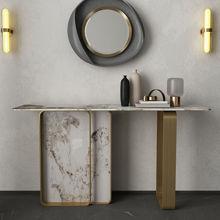 Modern Rectangular Console Table Stone Console Sofa Table in Gold and White
