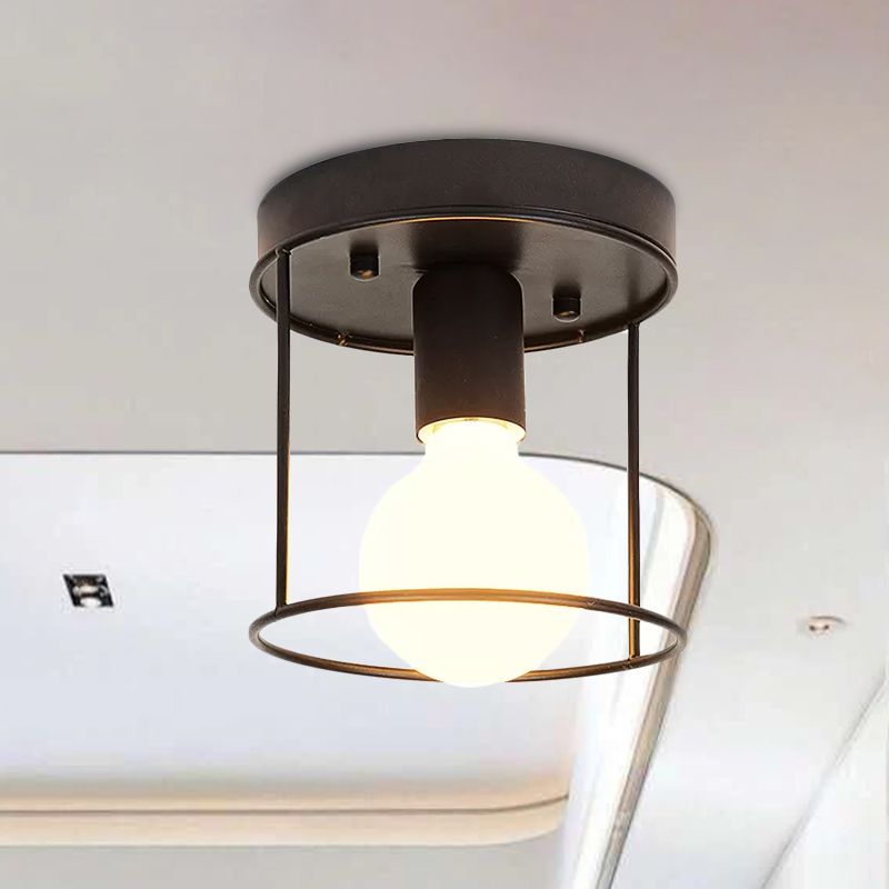Cylinder Corridor Flushmount Light Industrial Metal One Light Black/White Ceiling Lighting with Cage