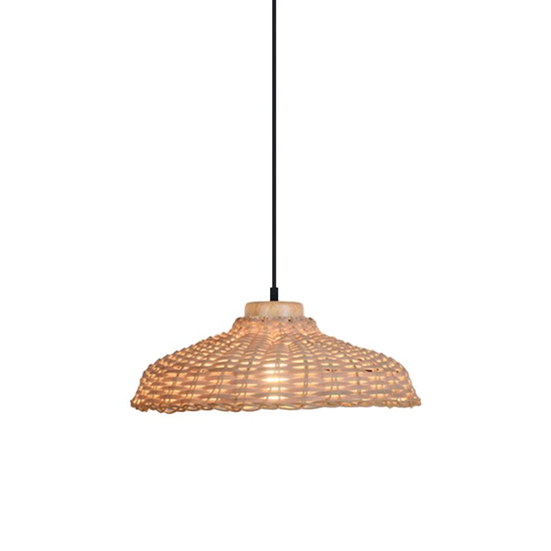 Beige/Black Barn Shade Pendant Lamp Asian Style 1 Light Rattan Height Adjustable Hanging Ceiling Light, 12.5"/18" W