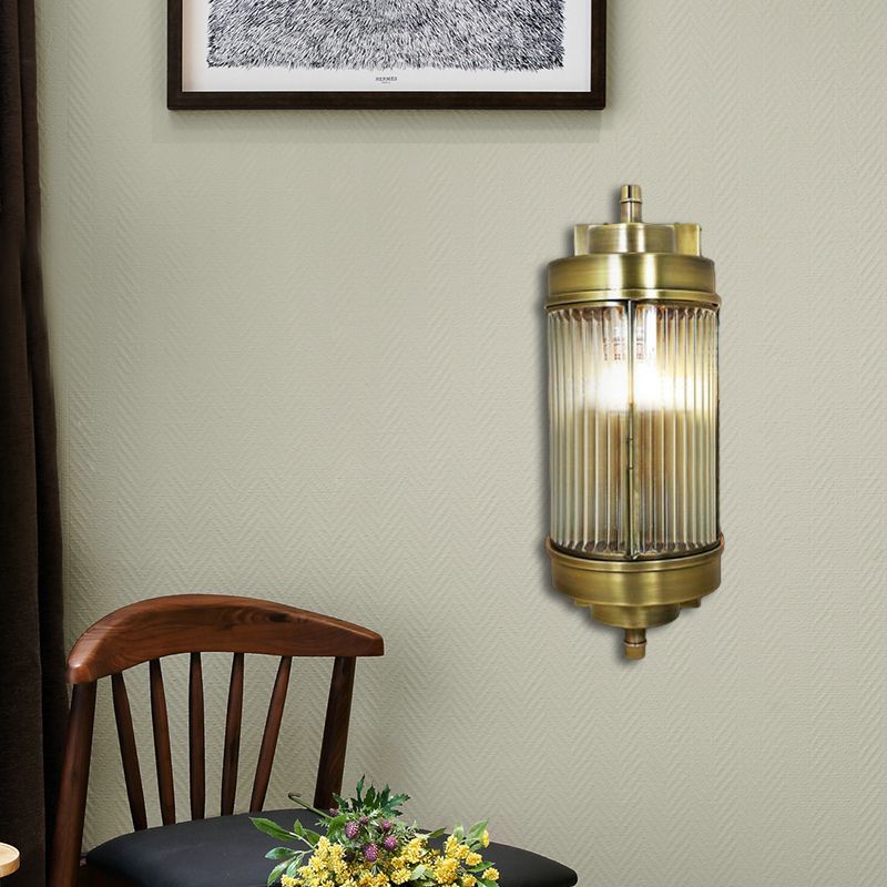16"/23.5" H Ribbed Glass Golden Wall Mount Lamp Cylinder 1 Head Colonial Sconce Lighting