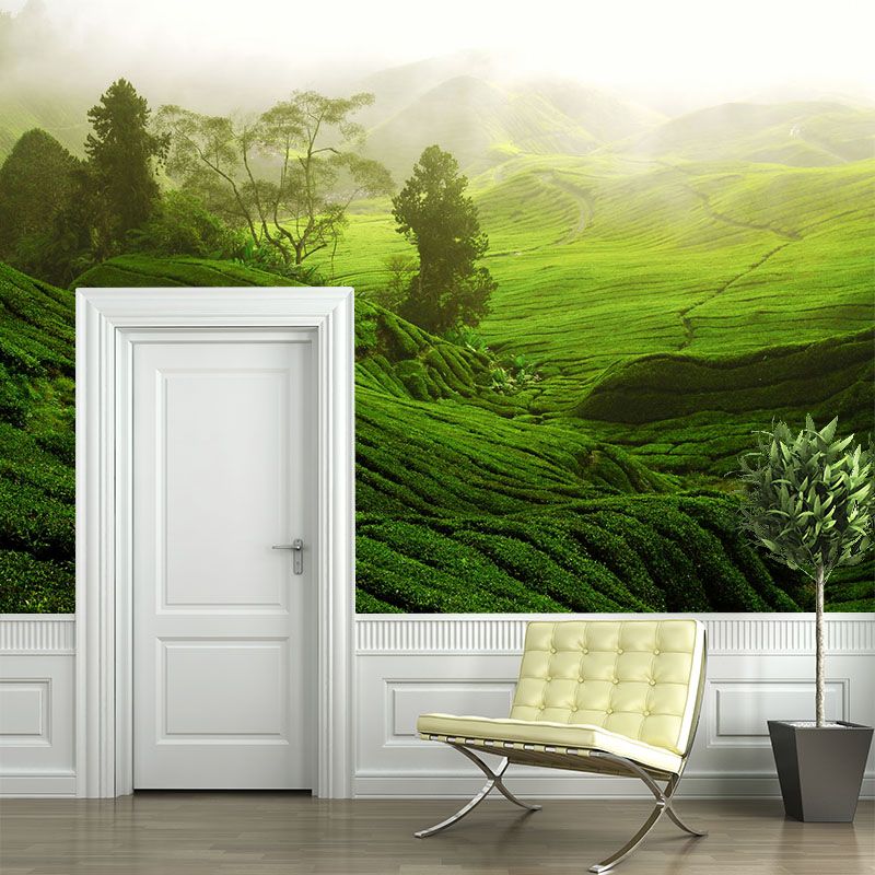 Customized Photography Modern Mural with Sunburst Above Tea Hills Pattern in Green