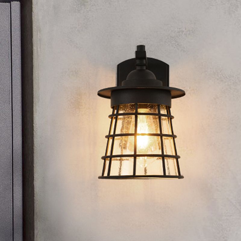 Conical Yard Wall Light Sconce Cottage Clear Ripple Glass 1 Light Black Finish Wall Mounted Lamp with Cage