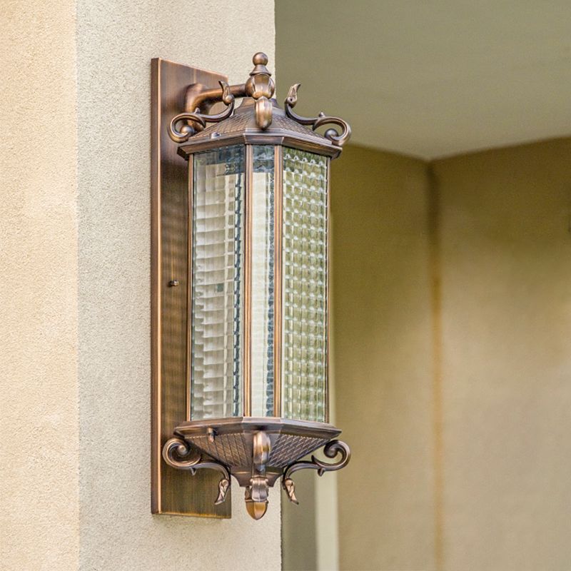 Bronze Rectangular Wall Mount Light Traditional Grid Glass Single Courtyard Wall Light Fixture