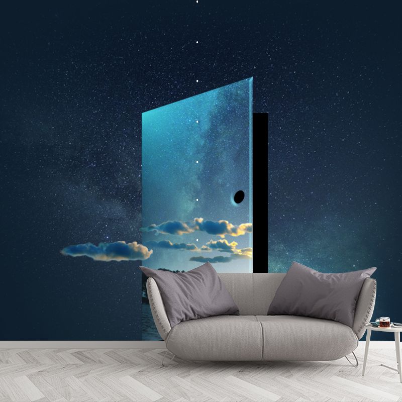 Futuristic Time Travel Murals Wallpaper Blue Non-Woven Fabric Wall Decor for Bedroom