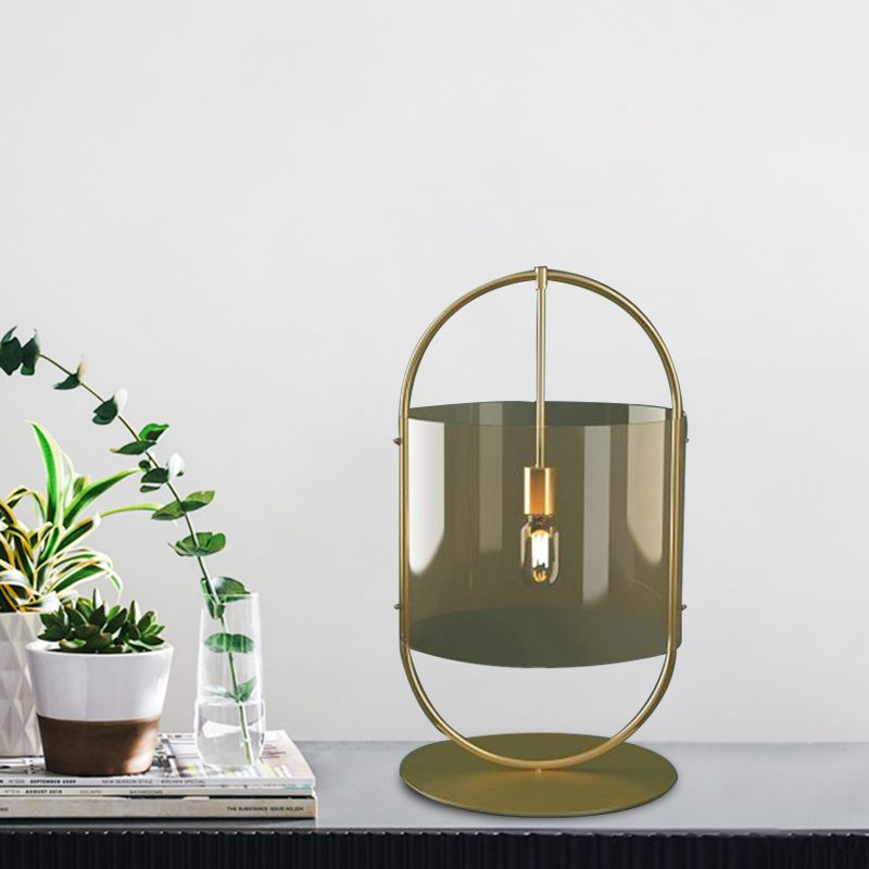 Lampada da comodino in vetro marrone chiaro a 1 testa con illuminazione da scrivania a cilindro dorato e anello ovale