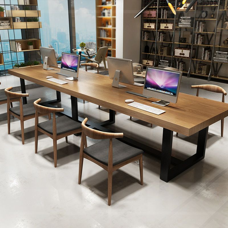 Rectangle Industrial Dining Table Solid Wood Top Dining Table with Metal Base