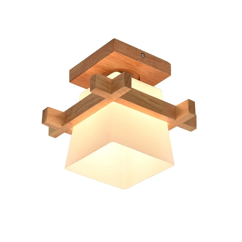 Square Flush Ceiling Light Japanese Wood Corridor Flush Mount Lighting with White Glass Shade
