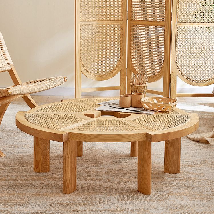 Scandinavian Rattan Cocktail Table Round Wooden Cocktail Table for Living Room