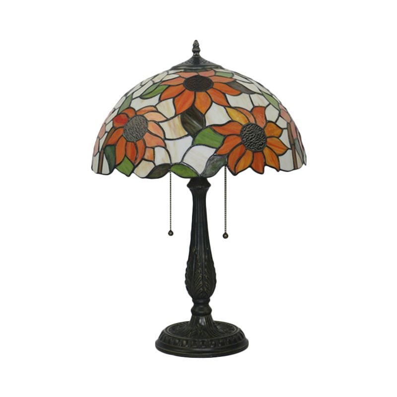 Lampada da comodino a 2 teste in bronzo Lampada da scrivania con catena a tirante a cupola in vetro tagliato vittoriano con motivo girasole