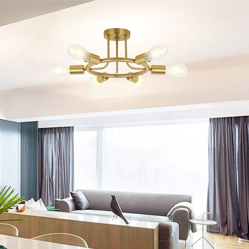 Bare Bulb Semi Flush Ceiling Light Mid Century Metallic 6 Heads Semi Mount Light in Brass/Black Finish