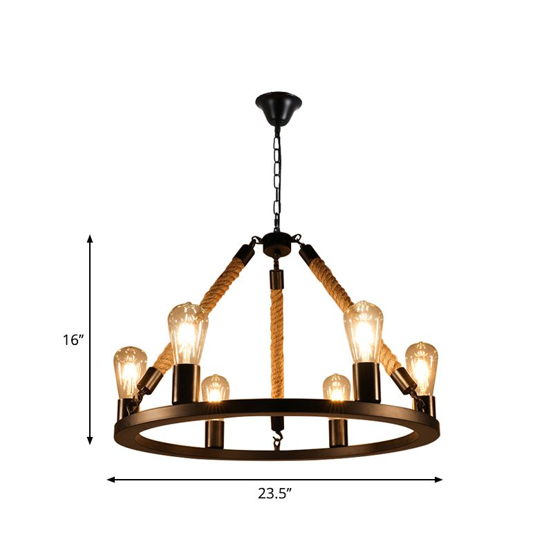 Open Bulb Metal Chandelier Light Fixture Industrial 6/8-Light Dining Room Rope Pendant Lamp in Black with Ring Design