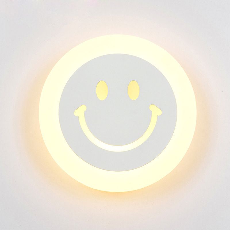 Thin Round LED Wall Light Kit Cartoon Acrylic White Smiley Wall Sconce in Warm/White Light for Bedroom
