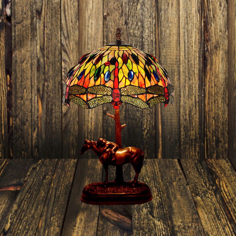 Tiffany Glass Coffee Table Lamp Kaleidoscope Pattern 1 Bulb Victorian Style Night Light with Horse Decoration