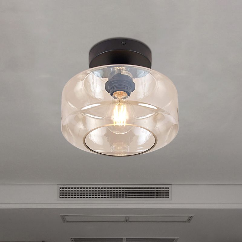 1 Light Drum Shade Semi Flush Light Industrial Black Clear/Amber Glass Ceiling Mount for Foyer