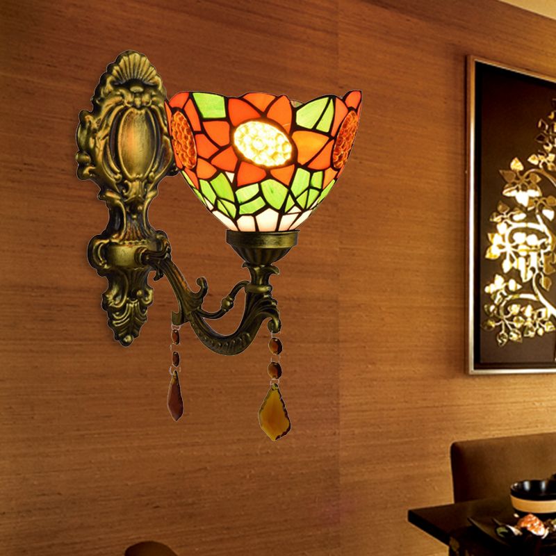 Orange Sunflower Wall Lighting Country 1 Head Wall Fixture Light with Bowl Glass Shade for Hallway