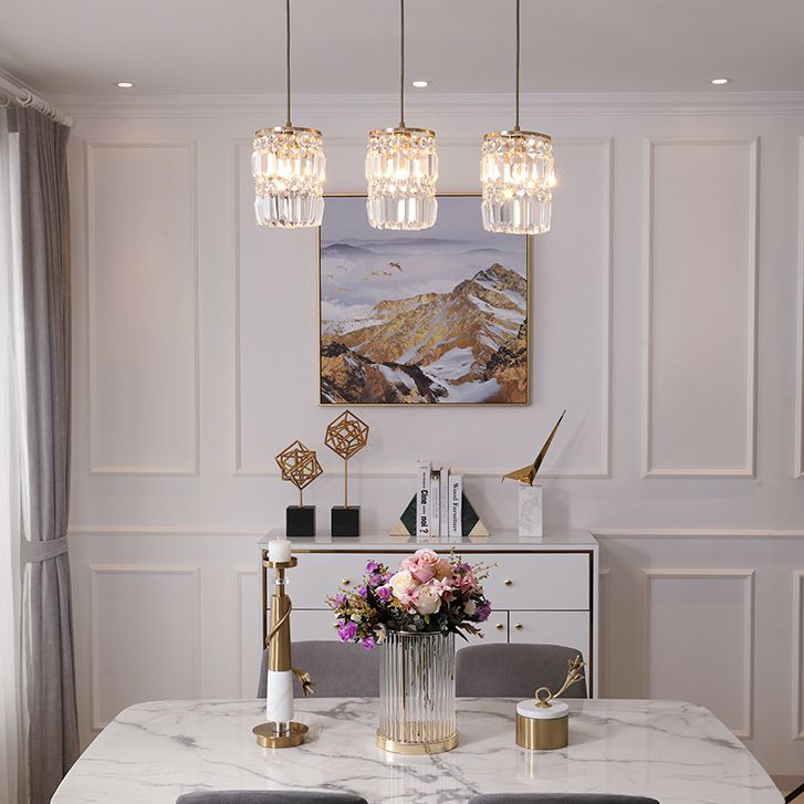 3-Lights K9 Crystal Drops Shade Island Light Brass Contemporary Style Kitchen Bar Hanging Lamp in Gold