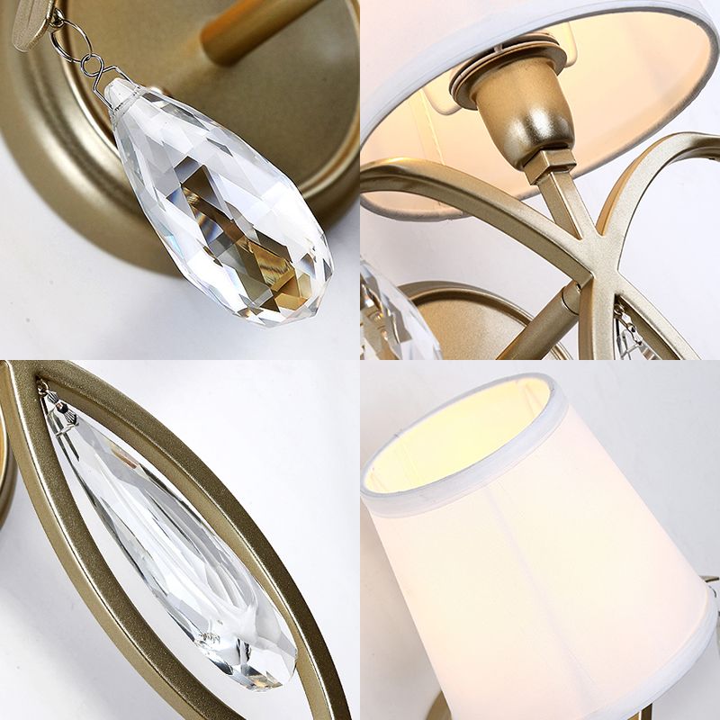 1 luce da parete conico leggera moderna fonce in tessuto elegante con lacrima cristallo deco in ottone per camera da letto