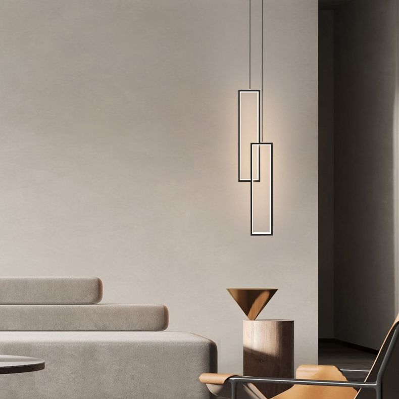 Rectangular LED Pendant Light Minimalist Metal 2-Light Bedside Hanging Light in Black