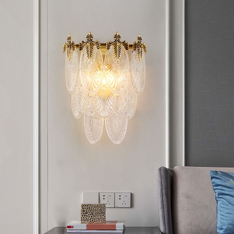 Layered Wall Mounted Lamp Postmodern Carved Oval Glass 2-Bulb Gold Sconce Light Fixture